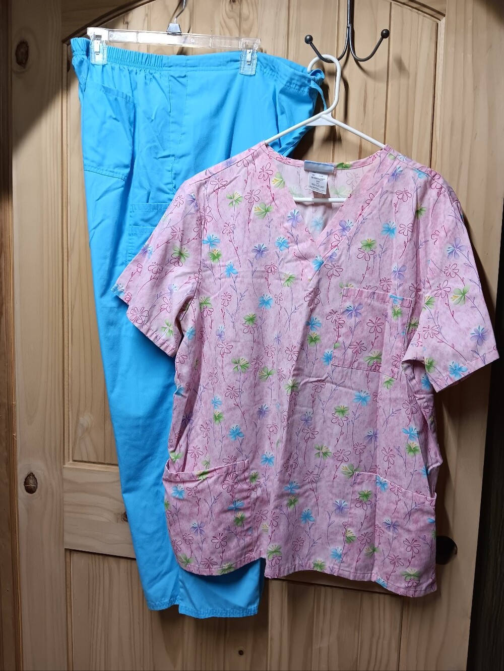 SB Scrubs Pink Floral Scrub- Top with Bright Blue Pants  Set